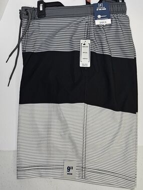George Mens eBoard Swim Trunks Gray Striped 9 Inch Inseam Size Med 32-34 NEW